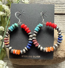 Load image into Gallery viewer, Southwestern 925 Sterling Silver Multi Stone Pearls Hoop Earrings.
