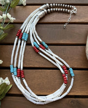 Load image into Gallery viewer, Sterling Silver Multi Strand MOP Mother Of Pearl Turquoise Coral Bead Necklace 24 inch