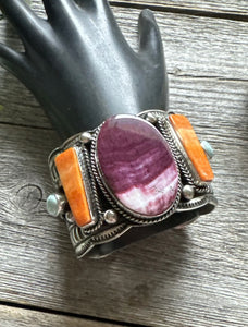 Andy Cadman Sterling Silver Purple Orange Spiny Oyster Cuff Bracelet. Navajo