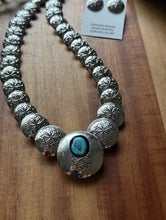 Load image into Gallery viewer, Navajo Sterling Silver Turquoise Stamped Pillow Beads Bead Necklace Earrings 22”