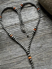 Load image into Gallery viewer, Sterling Silver Orange Spiny Oyster W Pearls Bead Lariat Y Necklace. 26 inch