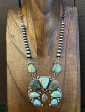 Load image into Gallery viewer, Navajo Sterling Silver Blue Green Royston Turquoise Lariat Pearls Naja Necklace
