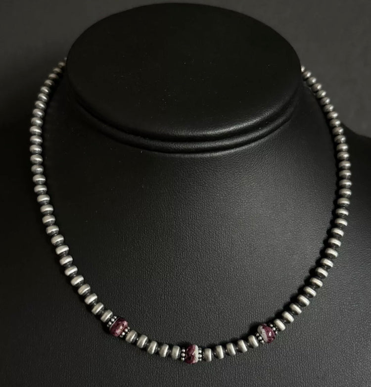 Sterling Silver 4mm Pearls Purple Spiny Oyster Bead Necklace Choker 14 inch