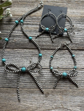 Load image into Gallery viewer, Bow Sterling Silver Turquoise 4mm Pearls Bead Necklace Earrings Bracelet Set