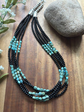 Load image into Gallery viewer, Sterling Silver Multi Strand Black Onyx Turquoise Bead Necklace. 22 Inch