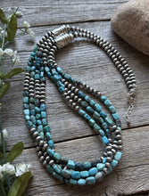 Load image into Gallery viewer, Sterling Silver Multi Strand Blue Turquoise Nuggets Pearls Bead Necklace 30 inch