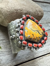 Load image into Gallery viewer, Navajo Sterling Silver Bumblebee Jasper Red Coral Cluster Cuff Bracelet KY