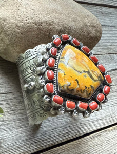 Navajo Sterling Silver Bumblebee Jasper Red Coral Cluster Cuff Bracelet KY