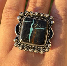 Load image into Gallery viewer, Navajo Sterling Silver Black Jack Turquoise Adjustable Ring Etta Enditto Gift