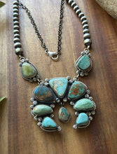 Load image into Gallery viewer, Navajo Sterling Silver Blue Green Royston Turquoise Lariat Pearls Naja Necklace