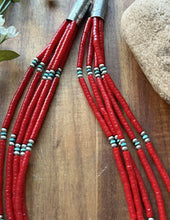 Load image into Gallery viewer, Sterling Silver Multi Strand Heishi Bamboo Coral Turquoise Bead Necklace 22 Inch