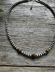 Sterling Silver 4mm Pearls with Brown Tigers Eye Bead Necklace Choker. 14 inch