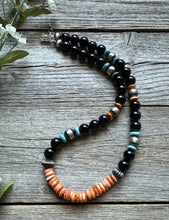 Load image into Gallery viewer, Sterling Silver Black Onyx Multi Stone Turquoise Spiny Bead Necklace 18 Inch