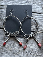Load image into Gallery viewer, Sterling Silver Bow Red Spiny Oyster Pearls Hoop Bead Earrings 3.5 Inch