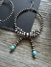 Load image into Gallery viewer, Sterling Silver Bow Blue Turquoise Pearls Hoop Bead Earrings 3.5 Inch