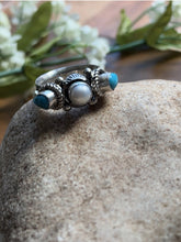 Load image into Gallery viewer, Native American Sterling Silver Freshwater Pearl Turquoise Ring Size 8