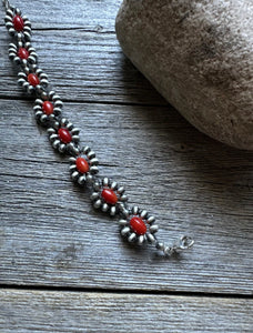 Floral Sterling Silver Red Bamboo Coral Pearls Bead Bracelet. 6 Inch