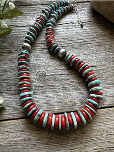 Southwestern 925 Sterling Silver Blue Turquoise Coral Bead Necklace 18 inch Gift