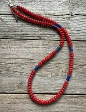 Load image into Gallery viewer, Sterling Silver Red Coral Lapis Bead Necklace. 18 inch Gift