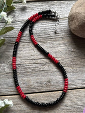 Load image into Gallery viewer, Sterling Silver Black Onyx W Red Coral Bead Necklace. 18 Inch