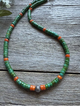 Load image into Gallery viewer, Sterling Silver Green Turquoise Orange Coral Bead Necklace. 18 inch Gift