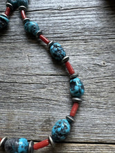 Load image into Gallery viewer, Natural Coral Kingman Turquoise Nuggets Sterling Silver Bead Necklace 18 Inch