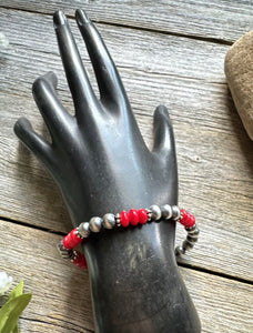 Red Coral 6mm 7 Inch Stretch Sterling Silver Pearls Bead Bracelet