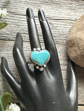 Load image into Gallery viewer, Native American Sterling Silver Blue Turquoise Adjustable Heart Ring. AM