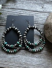 Load image into Gallery viewer, Southwestern SterlingSilver Green Turquoise Pearls Double Loop Earrings 2.5 Inch