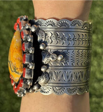 Load image into Gallery viewer, Navajo Sterling Silver Bumblebee Jasper Red Coral Cluster Cuff Bracelet KY