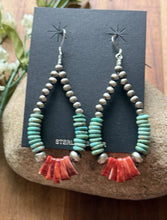 Load image into Gallery viewer, Sterling Silver Turquoise Spiny Oyster Pearls Bead Loop Hoop Earrings. 3 Inch