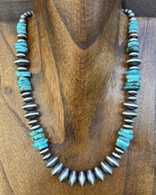 Load image into Gallery viewer, Sterling Silver Blue Turquoise W Flat Saucer Pearls Bead Necklace. 18 inch