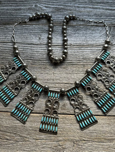 Native American Navajo Sterling Silver Turquoise Pearls Bead Necklace L By Joe