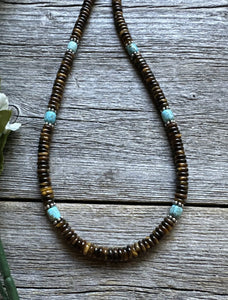 Southwestern 925 Sterling Silver Blue Turquoise Tigers Eye Bead Necklace 18 inch