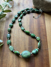Load image into Gallery viewer, Sterling Silver Green Turquoise Nuggets W Pearls Bead Necklace. 20 Inch