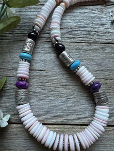 Sterling Silver Multi Stone Pink Conch Kokopelli Bead Necklace 18 Inch