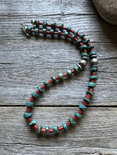 Load image into Gallery viewer, Sterling Silver Heishi Turquoise Coral Bead Necklace. 18 inch