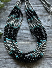Load image into Gallery viewer, Sterling Silver Multi Strand Black Onyx with Turquoise Bead Necklace. 30 Inch