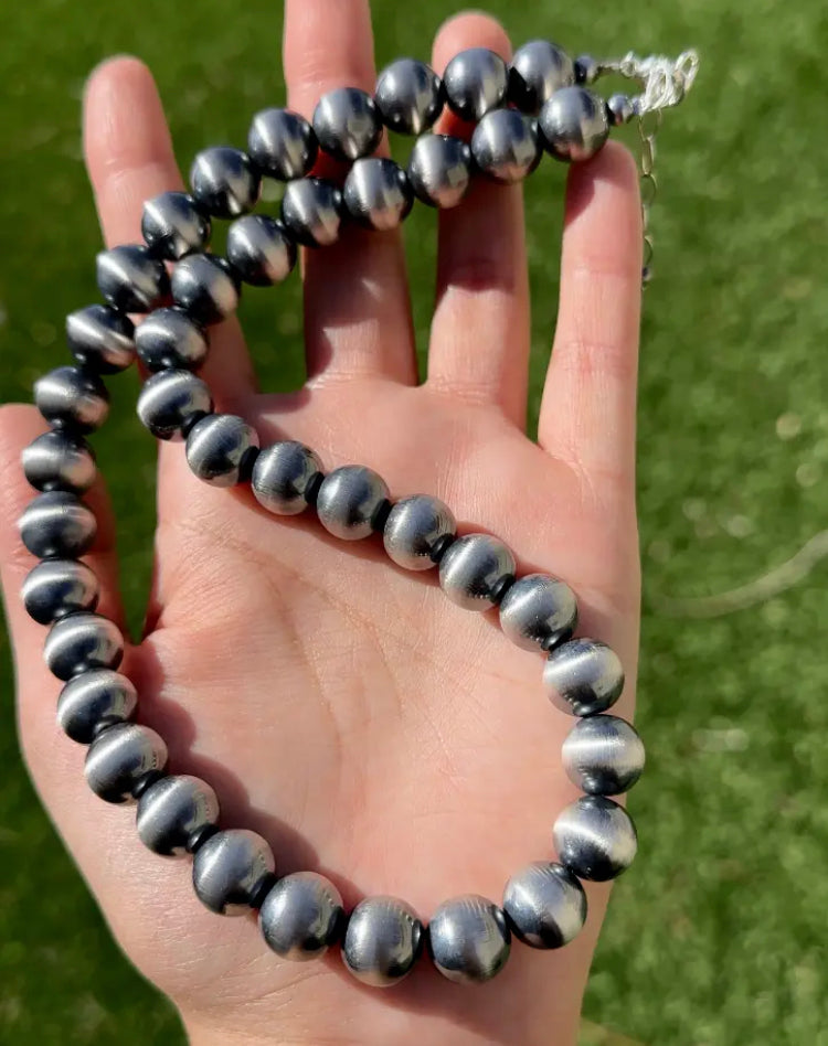 12mm 22 Inch 925 Sterling Silver Oxidized Pearls Bead Necklace Southwestern