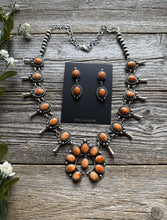 Load image into Gallery viewer, Small Navajo Squash Blossom Sterling Silver Orange Spiny Oyster Necklace Set E