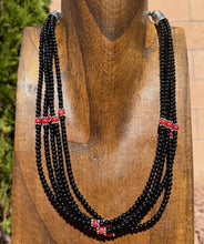 Load image into Gallery viewer, Sterling Silver Multi Strand Black Onyx Red Coral Bead Necklace. 22 Inch