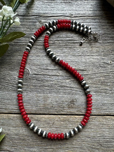 Southwestern 925 Sterling Silver Red Coral 6mm Pearls Bead Necklace 18 Inch