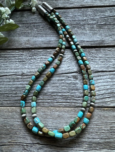 Sterling Silver Multi 2 Strand Blue Green Turquoise Bead Necklace. 20 inch