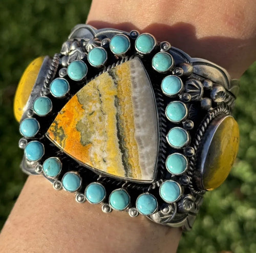 Native American Sterling Silver Bumblebee Jasper Turquoise Cluster Cuff Bracelet