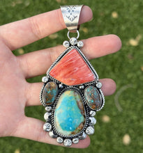 Load image into Gallery viewer, Navajo Native Sterling Silver Multi Stone Turquoise Red Spiny Oyster Pendant RY