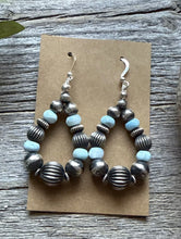 Load image into Gallery viewer, Sterling Silver Blue Larimar W Pearls Bead Loop Corrugated Earrings. 2.4 Inch