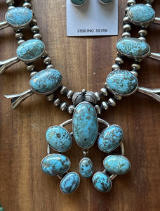 Navajo Sterling Silver White Water Turquoise Squash Blossom Pearls Necklace G