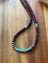 Load image into Gallery viewer, Sterling Silver Purple Spiny Oyster Heishi Turquoise Pearls Bead Necklace 18”