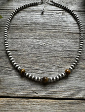 Load image into Gallery viewer, Sterling Silver 4mm Pearls with Brown Tigers Eye Bead Necklace Choker. 14 inch