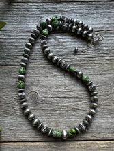 Load image into Gallery viewer, Sterling Silver Pearls Sonoran Gold Turquoise Nuggets Corrugated Bead Necklace